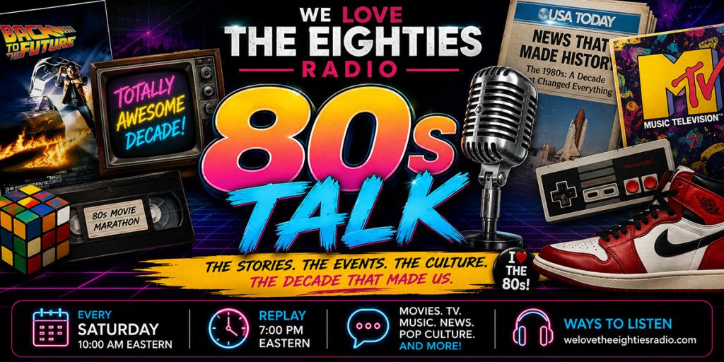 80s Metal Night banner for We Love the Eighties Radio featuring classic 1980s heavy metal artwork.