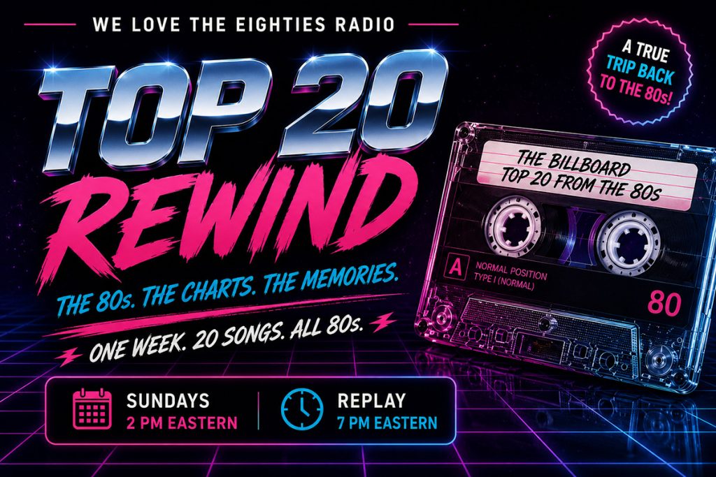 Top 20 Rewind banner for We Love the Eighties Radio featuring a weekly countdown of the Billboard Top 20 hits from the 1980s.